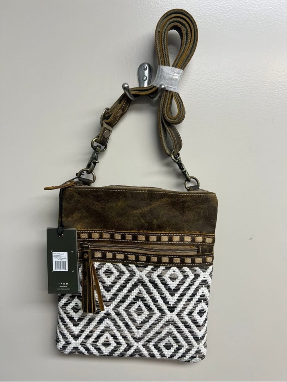 Myra Bag Brown & White Woven Geometric Crossbody